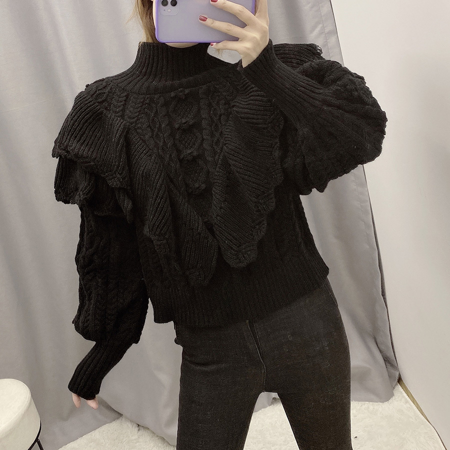 Fashion Black Stacked Ruffled Eight-knit Sweater,Sweater