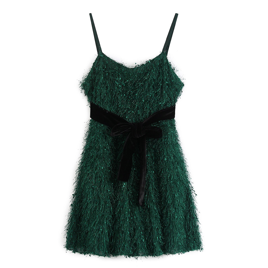 Fashion Green Belted Fringed Strap Overalls,Pants
