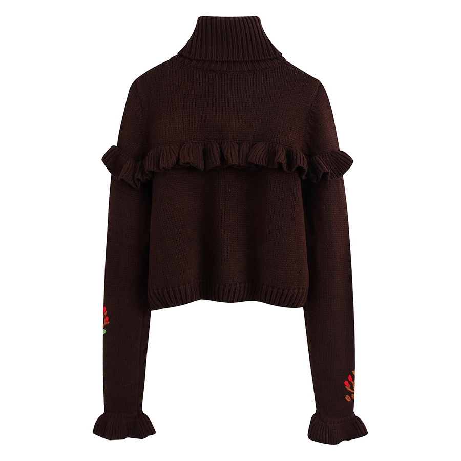 Fashion Brown Jacquard Embroidered Layered Ruffle Sweater,Sweater