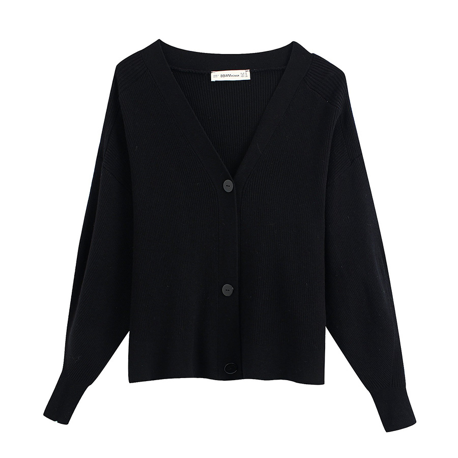 Fashion Black Breasted V-neck Rib Coat,Sweater