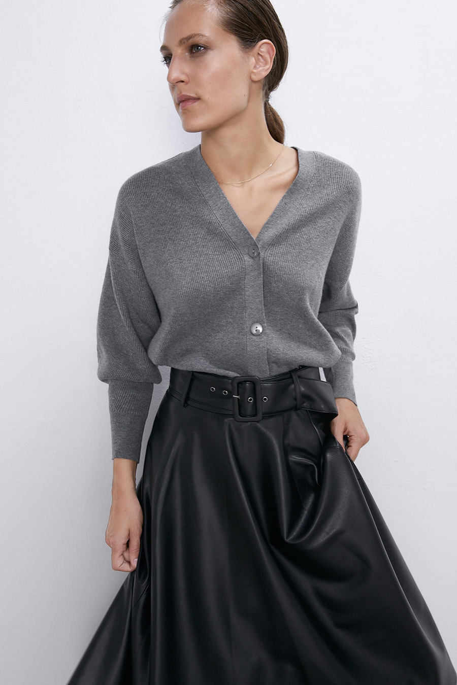 Fashion Gray Breasted V-neck Rib Coat,Sweater