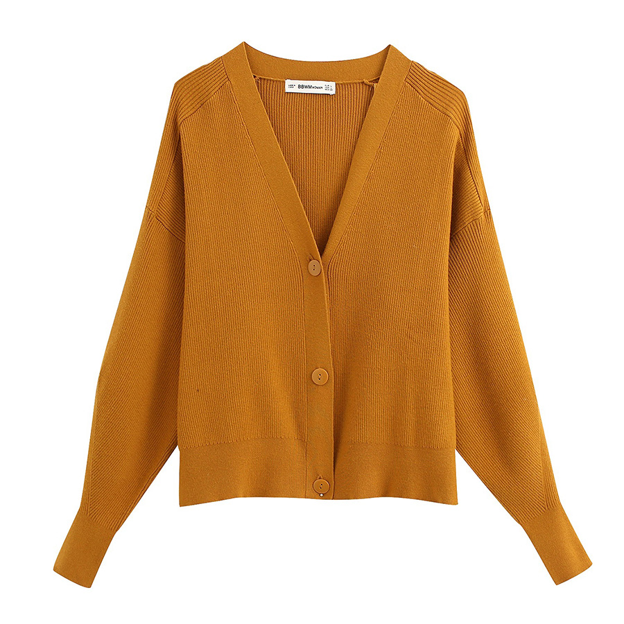 Fashion Yellow Breasted V-neck Rib Coat,Sweater