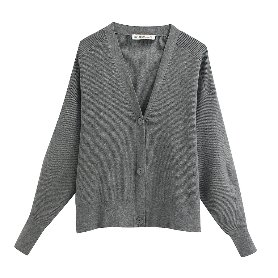 Fashion Gray Breasted V-neck Rib Coat,Sweater