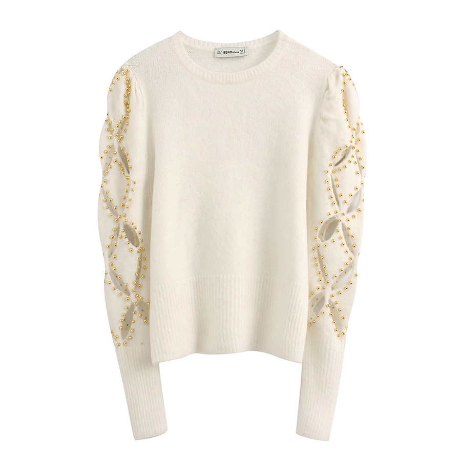 Fashion Creamy-white Hollow Diamond Pattern Round Neck Sweater,Sweater