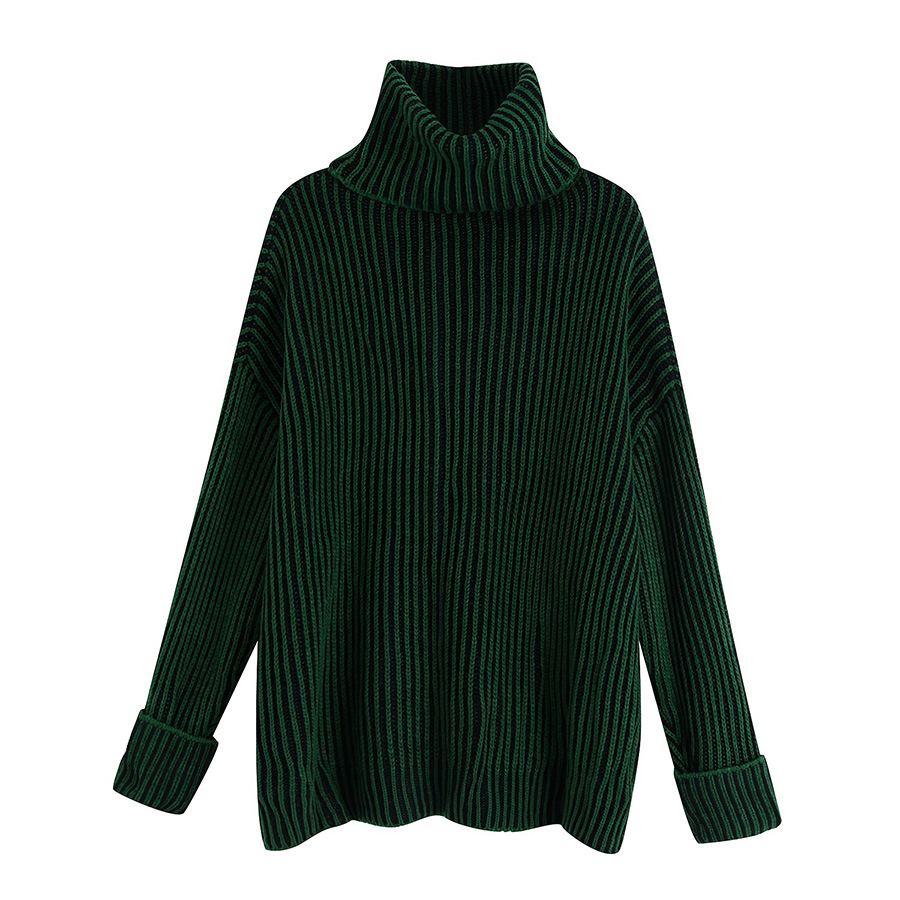 Fashion Green Turtleneck Striped Loose Sweater,Sweater
