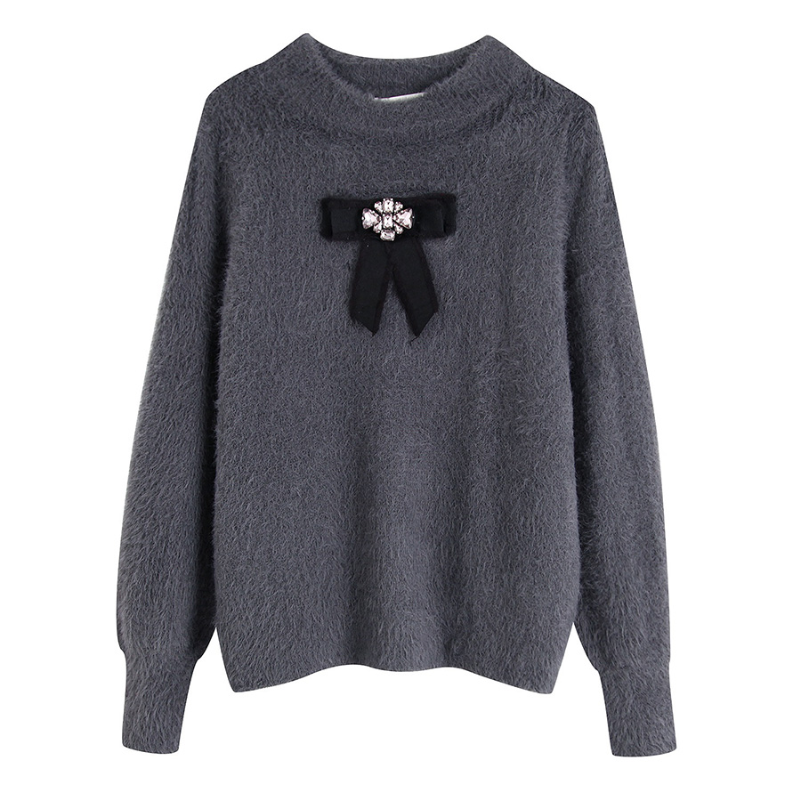 Fashion Gray Bow-embellished Sweater With Diamonds,Sweater