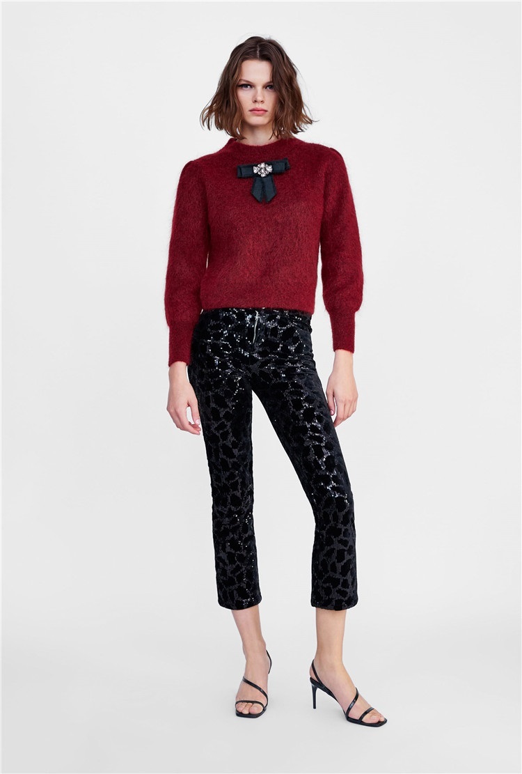 Fashion Red Bow-embellished Sweater With Diamonds,Sweater