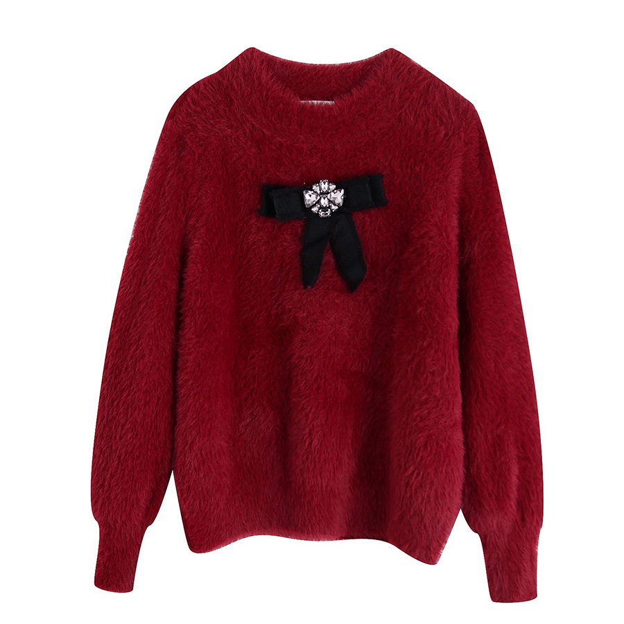 Fashion Red Bow-embellished Sweater With Diamonds,Sweater