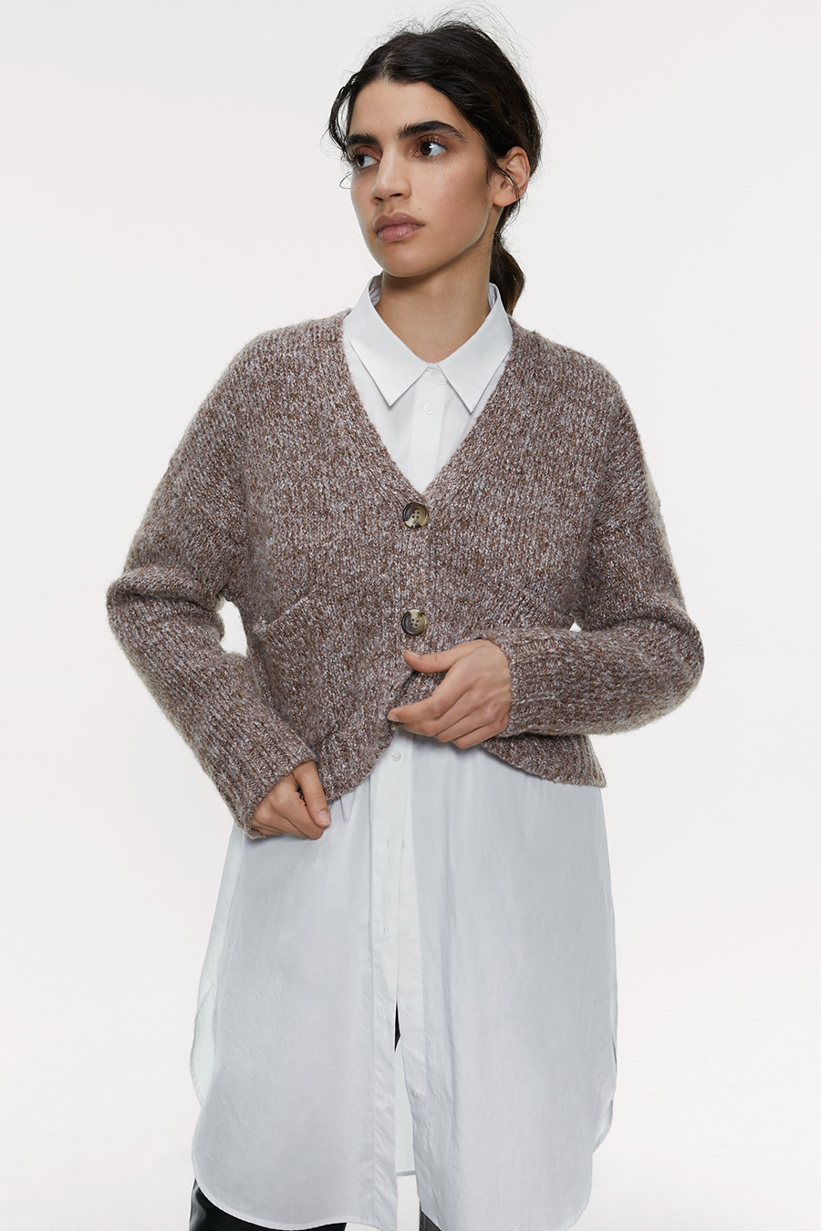 Fashion Coffee Color Interwoven Pocket Breasted Knit Coat,Sweater