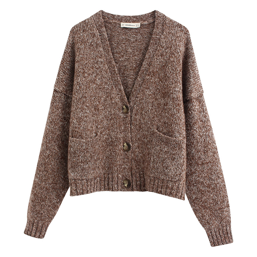Fashion Coffee Color Interwoven Pocket Breasted Knit Coat,Sweater