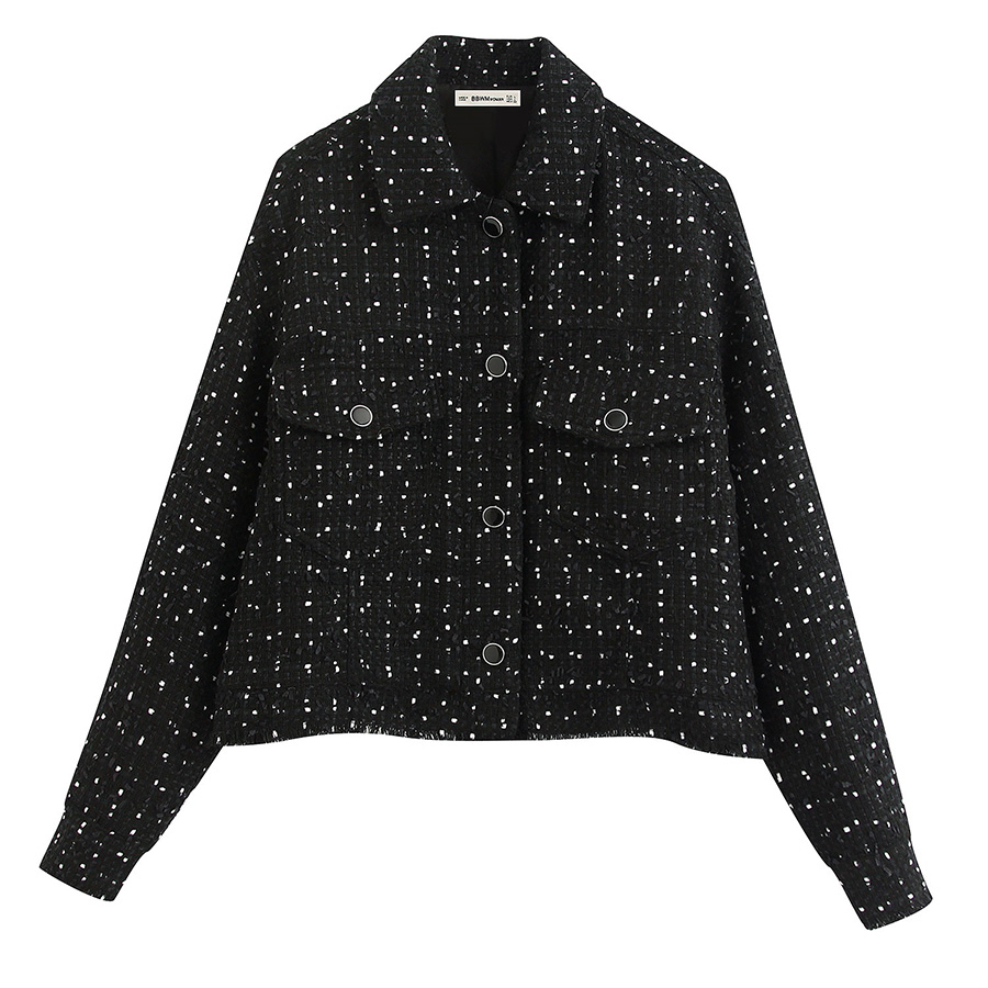 Fashion Black Breasted Tweed Polka Dot Coat,Coat-Jacket