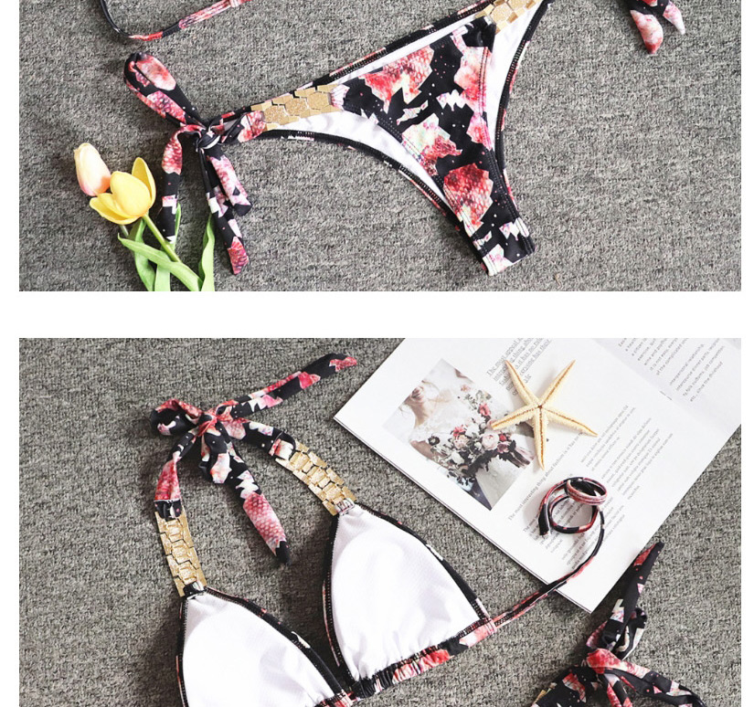 Fashion Serpentine Split Snakeskin Print Backless Metal Tie Strap Split Swimsuit,Bikini Sets