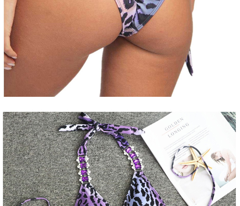 Fashion Purple Leopard Print Leopard Print Backless Crystal Diamond Tie Band Split Swimsuit,Bikini Sets