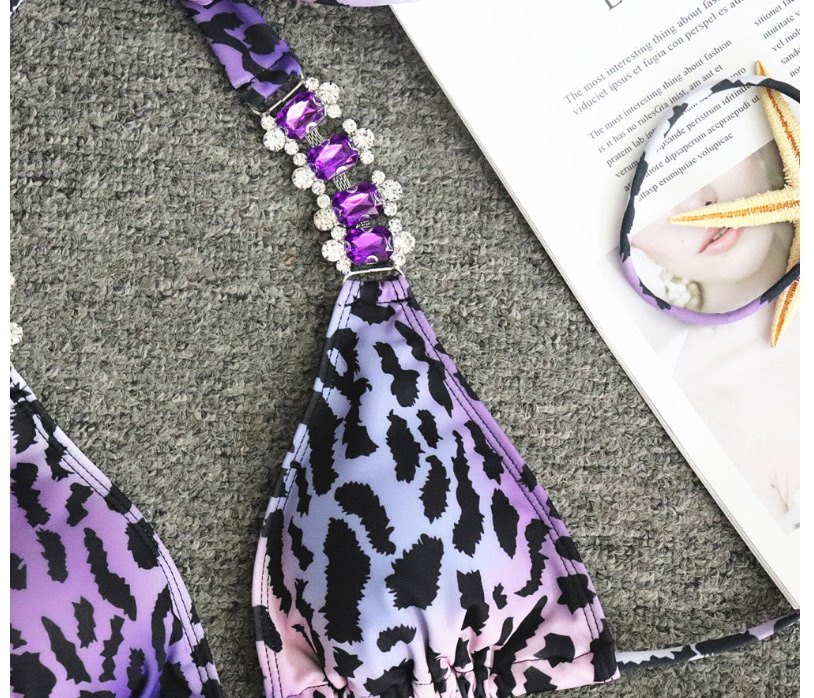 Fashion Purple Leopard Print Leopard Print Backless Crystal Diamond Tie Band Split Swimsuit,Bikini Sets