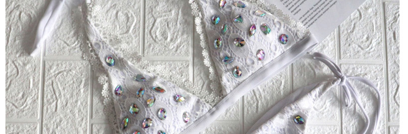 Fashion White Lace Strap Backless Crystal Diamond Tie Strap Split Swimsuit,Bikini Sets