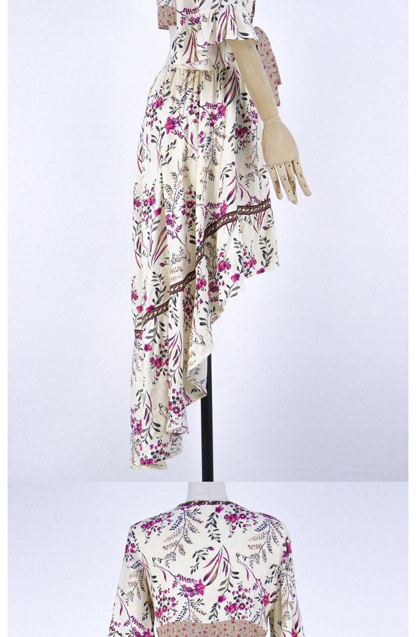Fashion Apricot Deep V-neck Lace-up Printed Irregular Dress,Long Dress