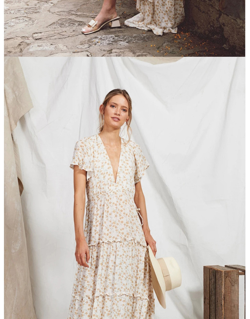 Fashion White Ruffled Floral V-neck Patchwork Split Maxi Dress,Long Dress
