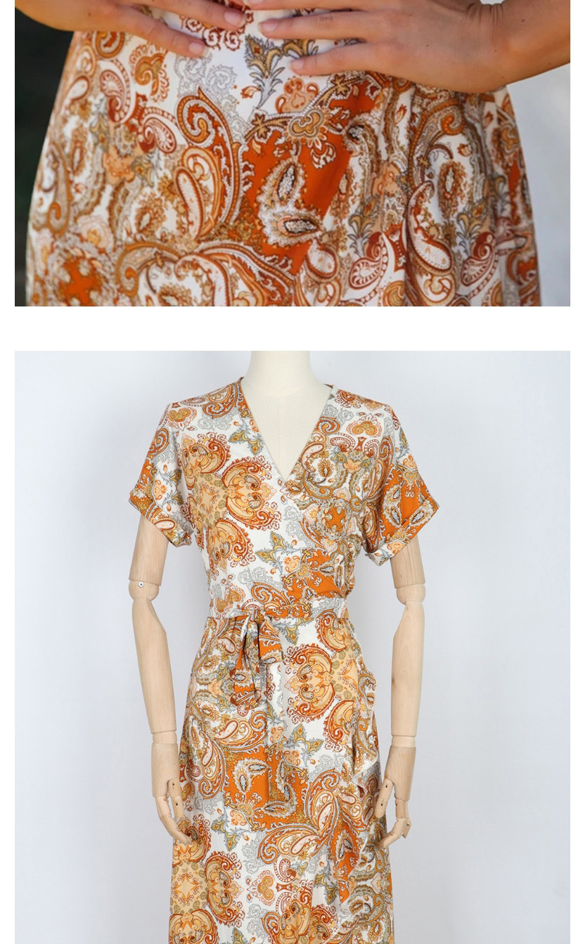 Fashion Orange Printed V-neck Short Sleeve Patchwork Irregular Split Dress,Long Dress