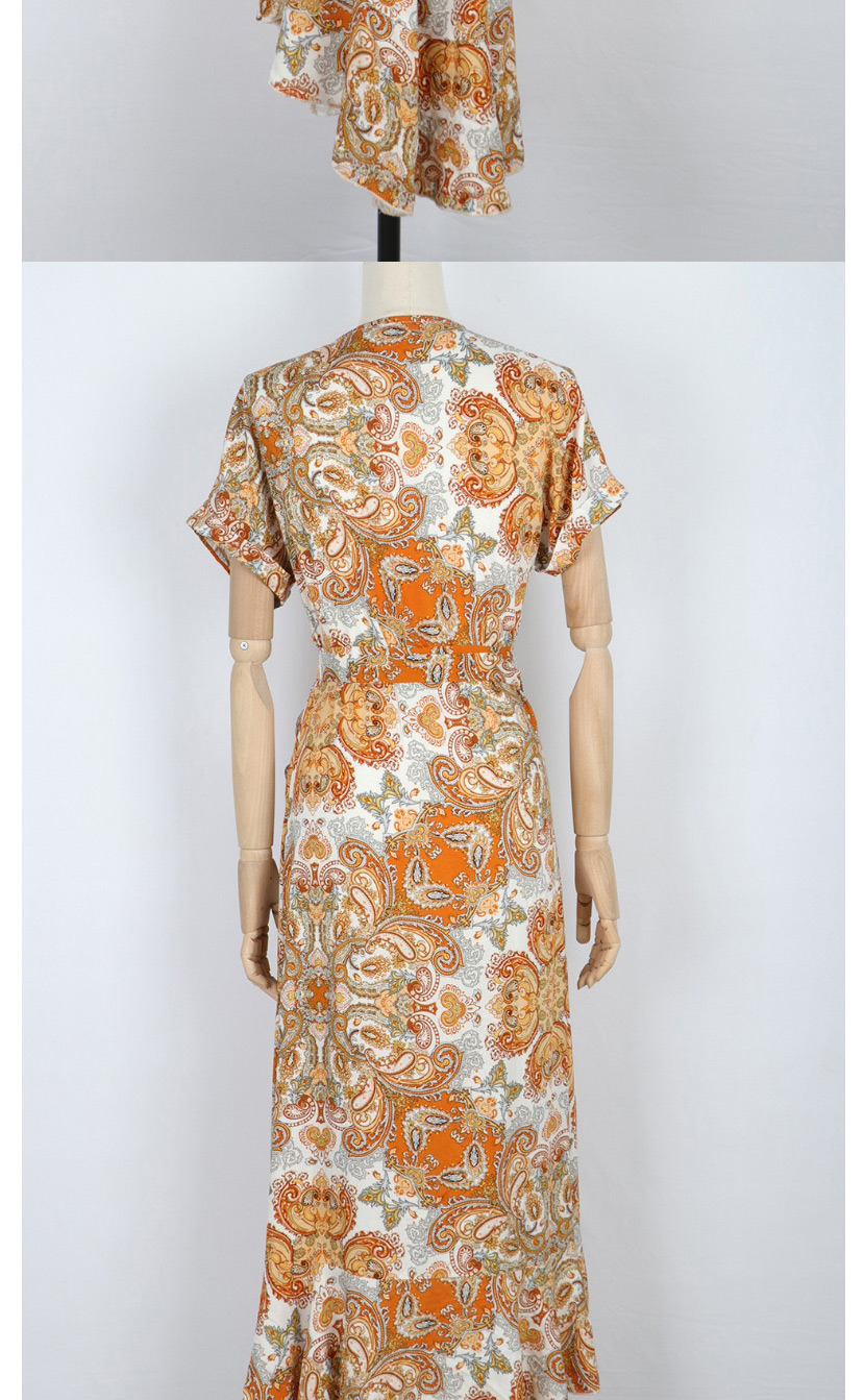 Fashion Orange Printed V-neck Short Sleeve Patchwork Irregular Split Dress,Long Dress