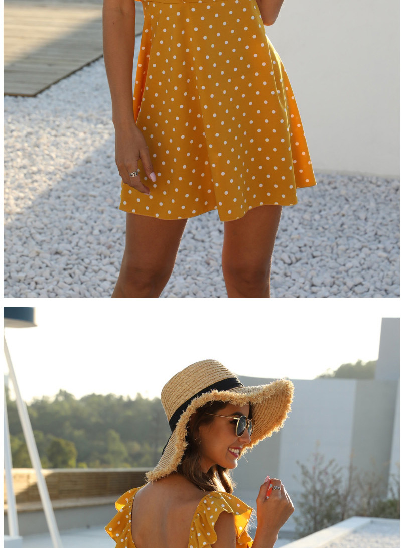 Fashion Yellow Polka-dotted Ruffled Square Neck Sleeveless Short Dress,Mini & Short Dresses