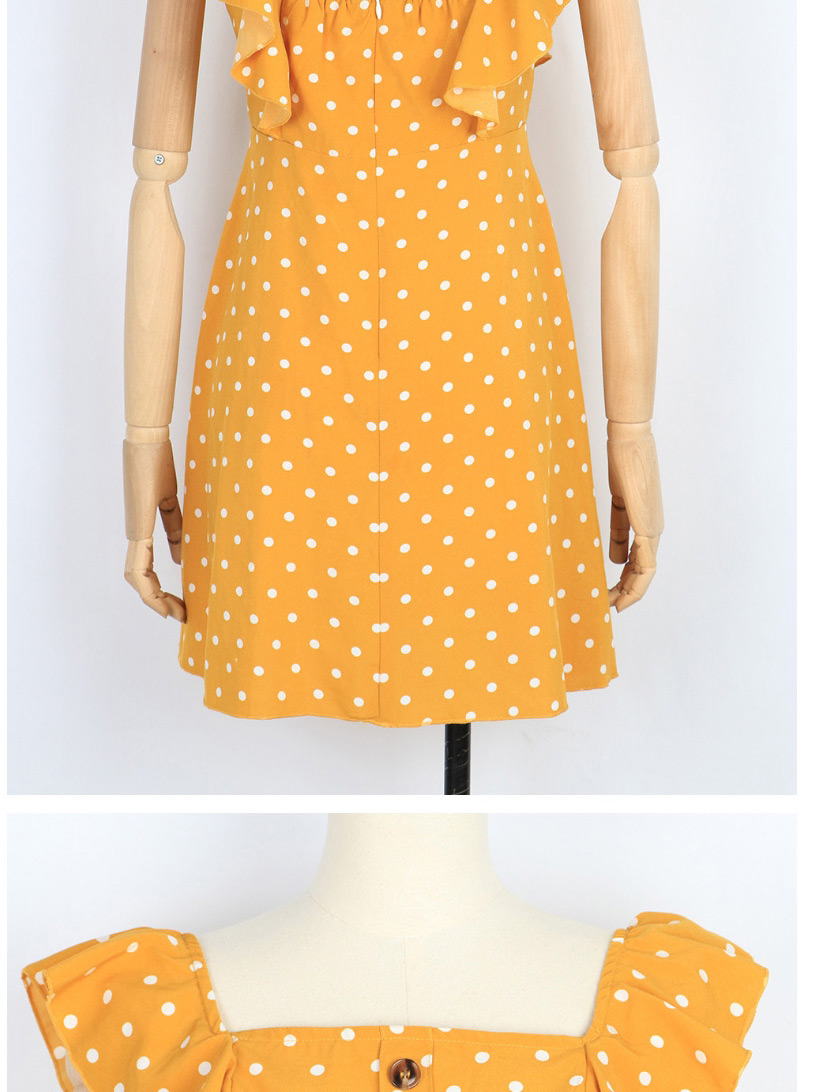 Fashion Yellow Polka-dotted Ruffled Square Neck Sleeveless Short Dress,Mini & Short Dresses