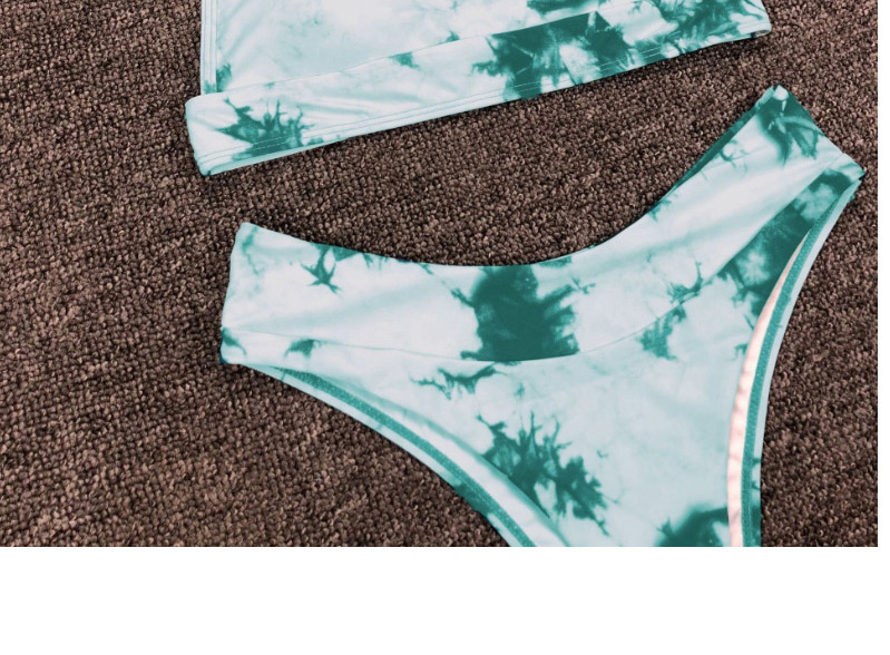 Fashion Green Tie-dye Gradient Gather Vest High Waist Split Swimsuit,Bikini Sets