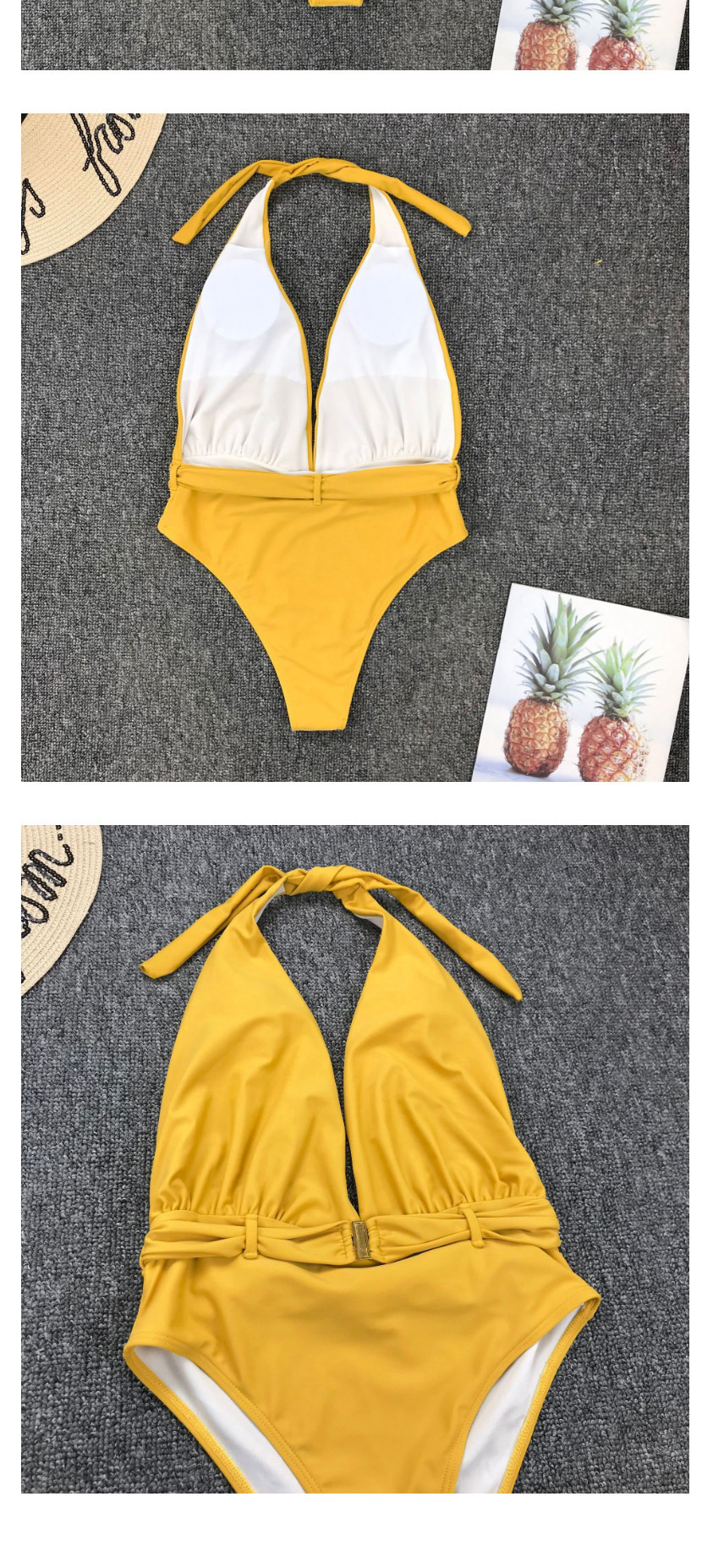 Fashion Yellow Belted V-neck Halter Sleeveless One-piece Swimsuit,One Pieces