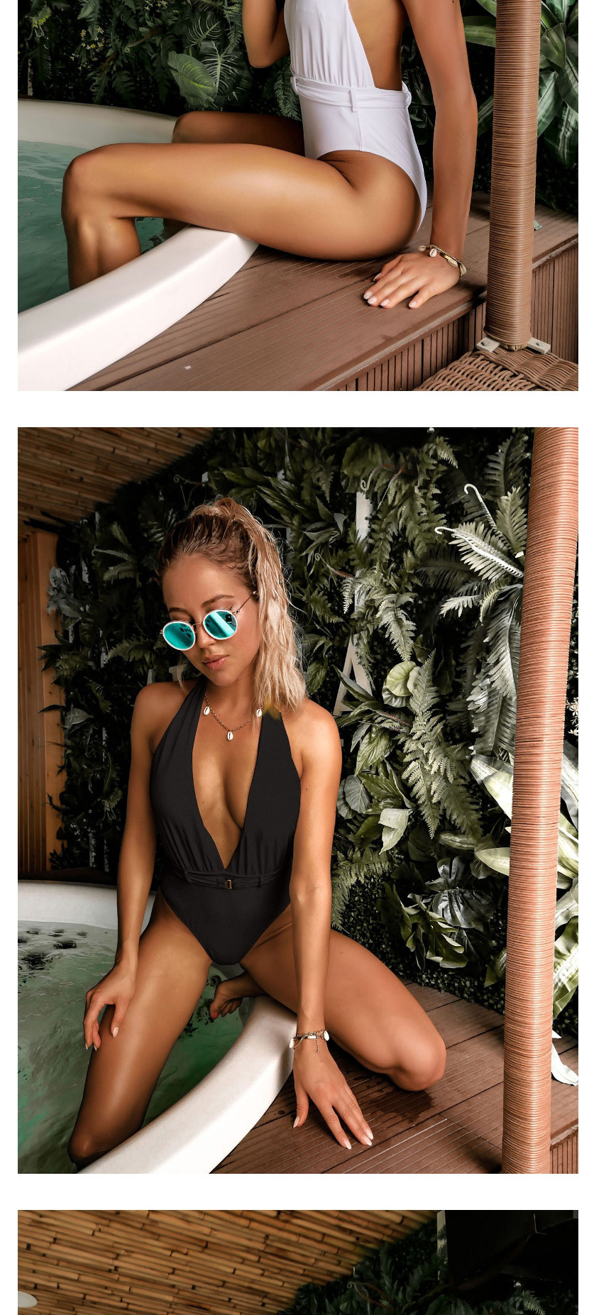 Fashion White Belted V-neck Halter Sleeveless One-piece Swimsuit,One Pieces