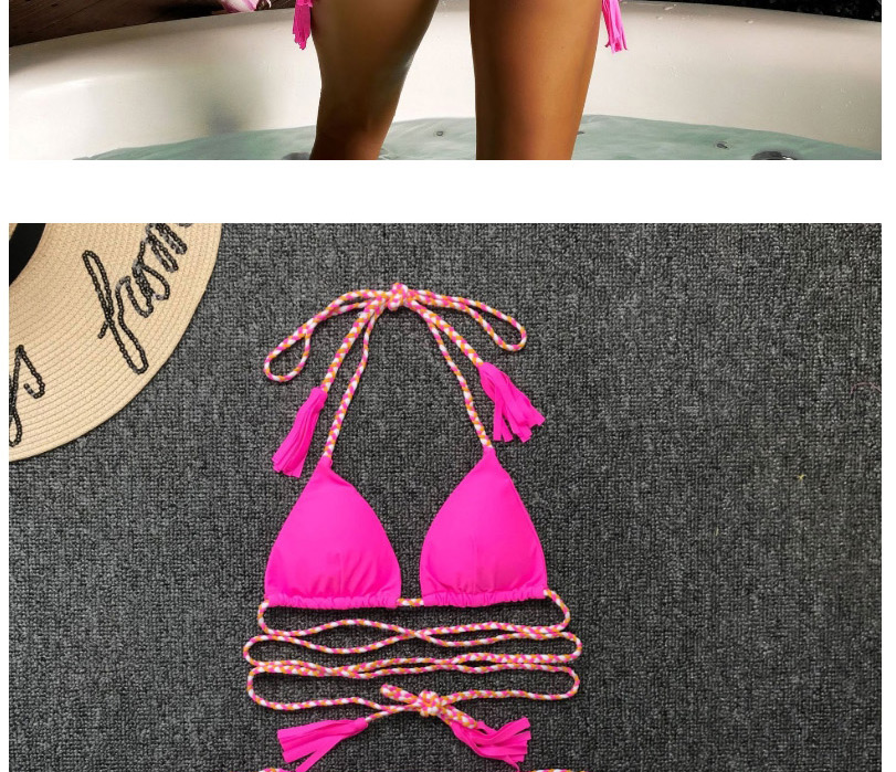 Fashion Rose Red Woven Bandage Tether Triangle Split Swimsuit,Bikini Sets