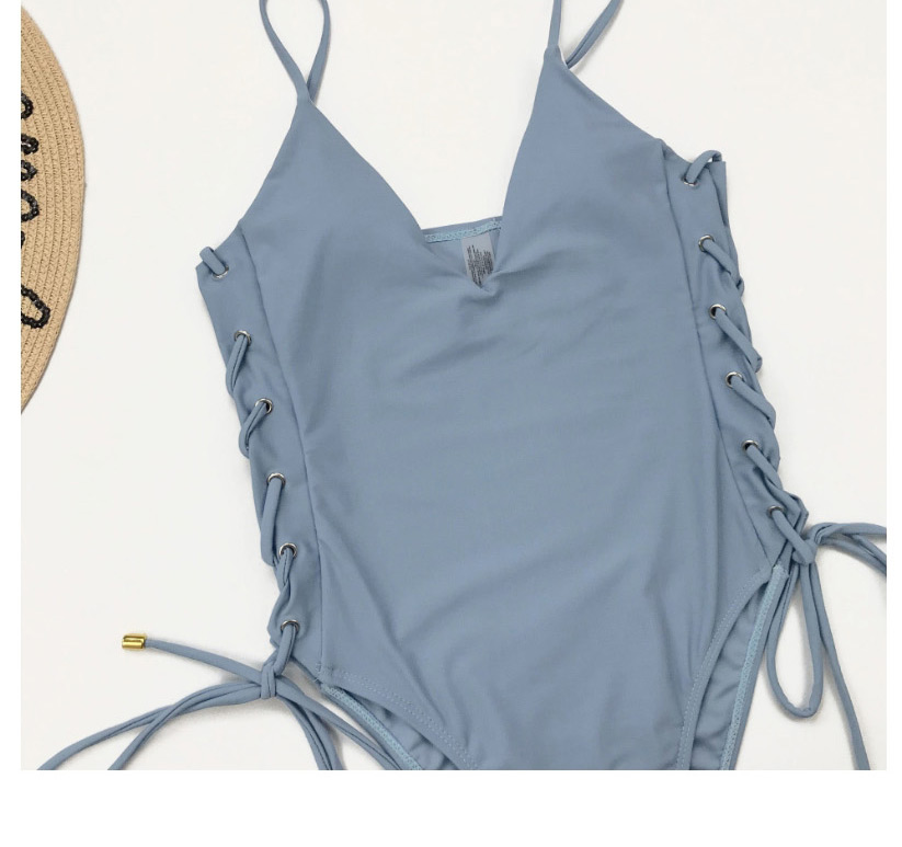 Fashion Blue Adjustable Bandage V-neck Cutout Swimsuit,One Pieces