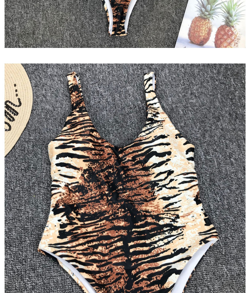 Fashion Tiger Pattern Tiger Print Deep V-neck One-piece Swimsuit,One Pieces