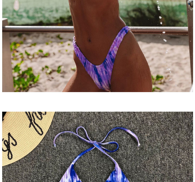 Fashion Purple Tie-dye Halter Elastic Triangle Split Swimsuit,Bikini Sets