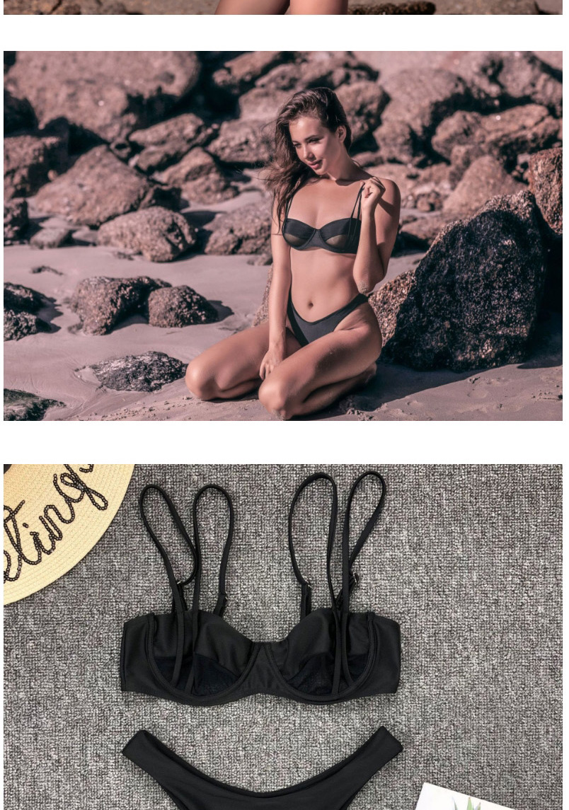 Fashion Black Mesh Stitching Cutout High Waist Split Swimsuit,Bikini Sets