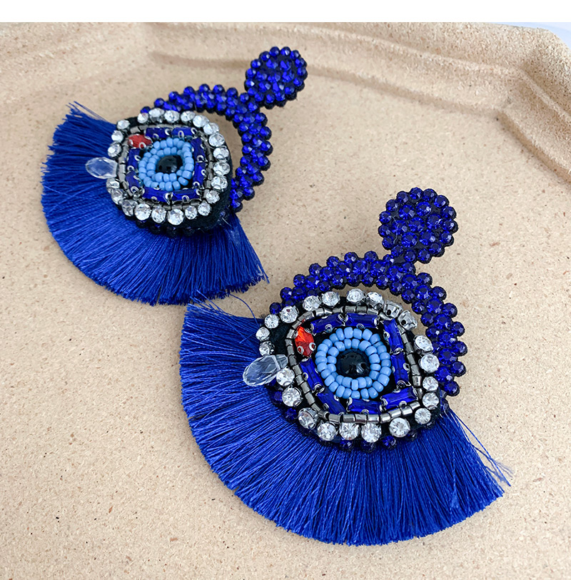 Fashion Royal Blue Resin Rice Pearl Rhinestone Eye Round Tassel Stud Earrings,Drop Earrings