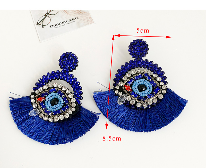 Fashion Royal Blue Resin Rice Pearl Rhinestone Eye Round Tassel Stud Earrings,Drop Earrings