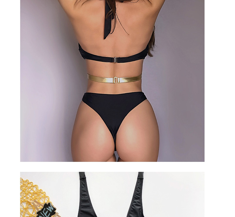 Fashion Black Metal Buckle Strap Halter Cutout One-piece Swimsuit,One Pieces