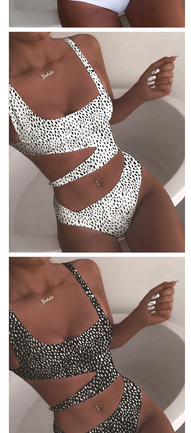 Fashion Black Wave Point Polka-dot Print Cutout Strap Stitching One-piece Swimsuit,One Pieces