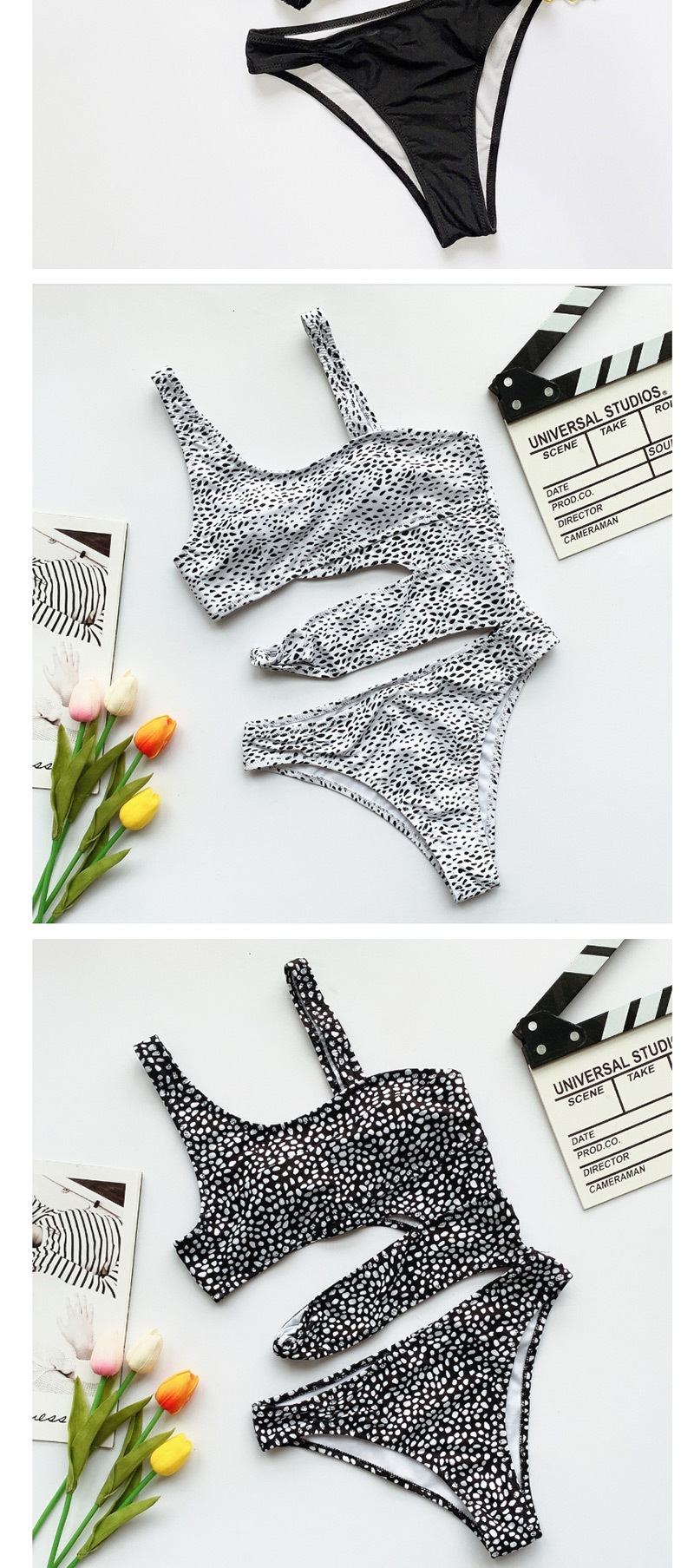 Fashion White Wave Point Polka-dot Print Cutout Strap Stitching One-piece Swimsuit,One Pieces