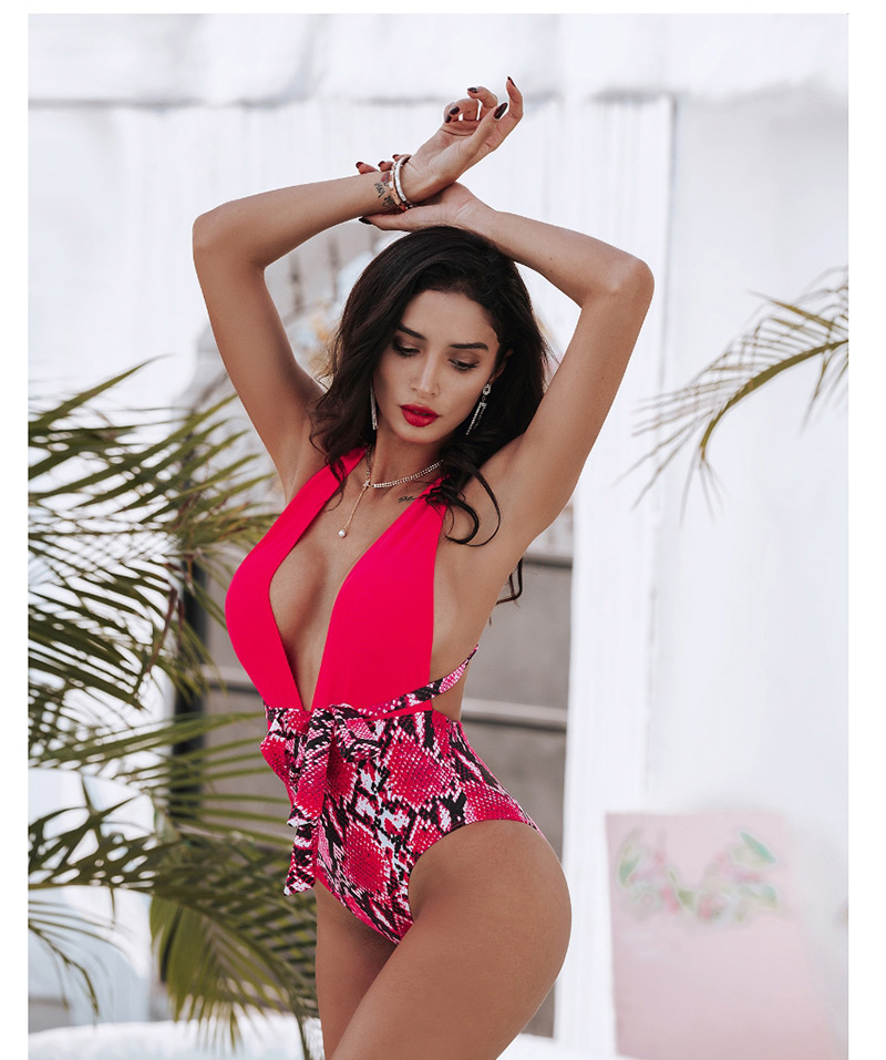 Fashion Rose Snake Skin Pattern Snakeskin Print Tie Lace One-piece Swimsuit,One Pieces