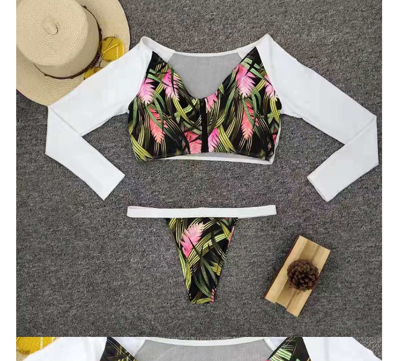 Fashion Green Bottom Print Printed Long Sleeve Paneled Swimsuit,Bikini Sets