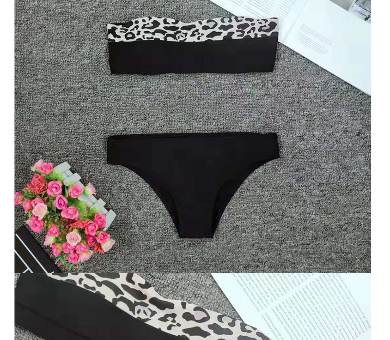Fashion Black Bandeau Leopard Print Paneled Swimsuit,Bikini Sets