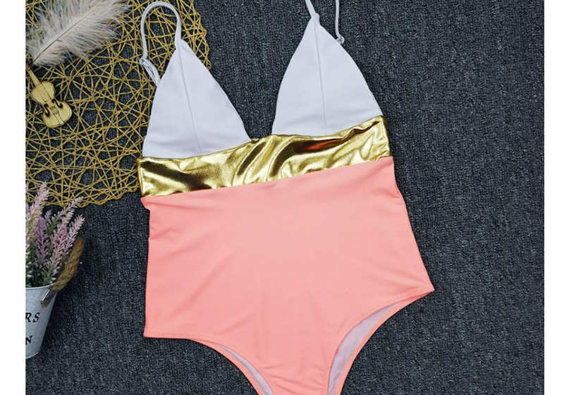 Fashion Pink Color-block Bronzing And Stitching V-neck One-piece Swimsuit,One Pieces