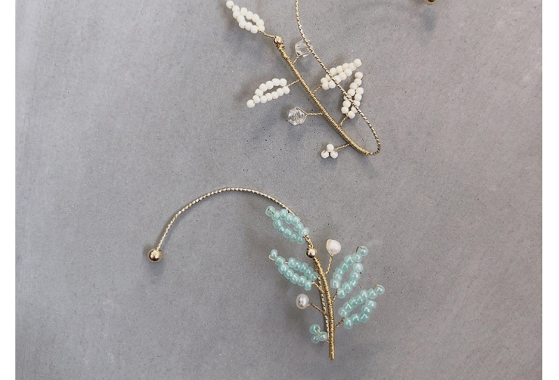 Fashion Blue Single (left Ear) Rice Beads Woven Leaf Pearl Ear Pierced Ear Clips,Clip & Cuff Earrings
