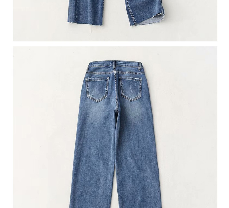 Fashion Denim Blue Stretch Frayed Straight-leg Loose-fit Loose Jeans,One Pieces