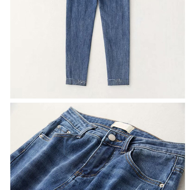 Fashion Denim Blue Stretch-cut Burr-edge Jeans,One Pieces