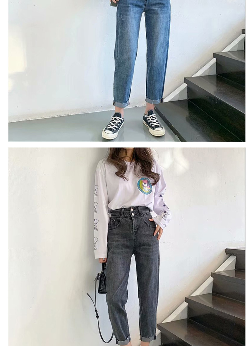 Fashion Gray High Waist Stretch Double Buckled Washed Raw Edge Radish Jeans,Pants