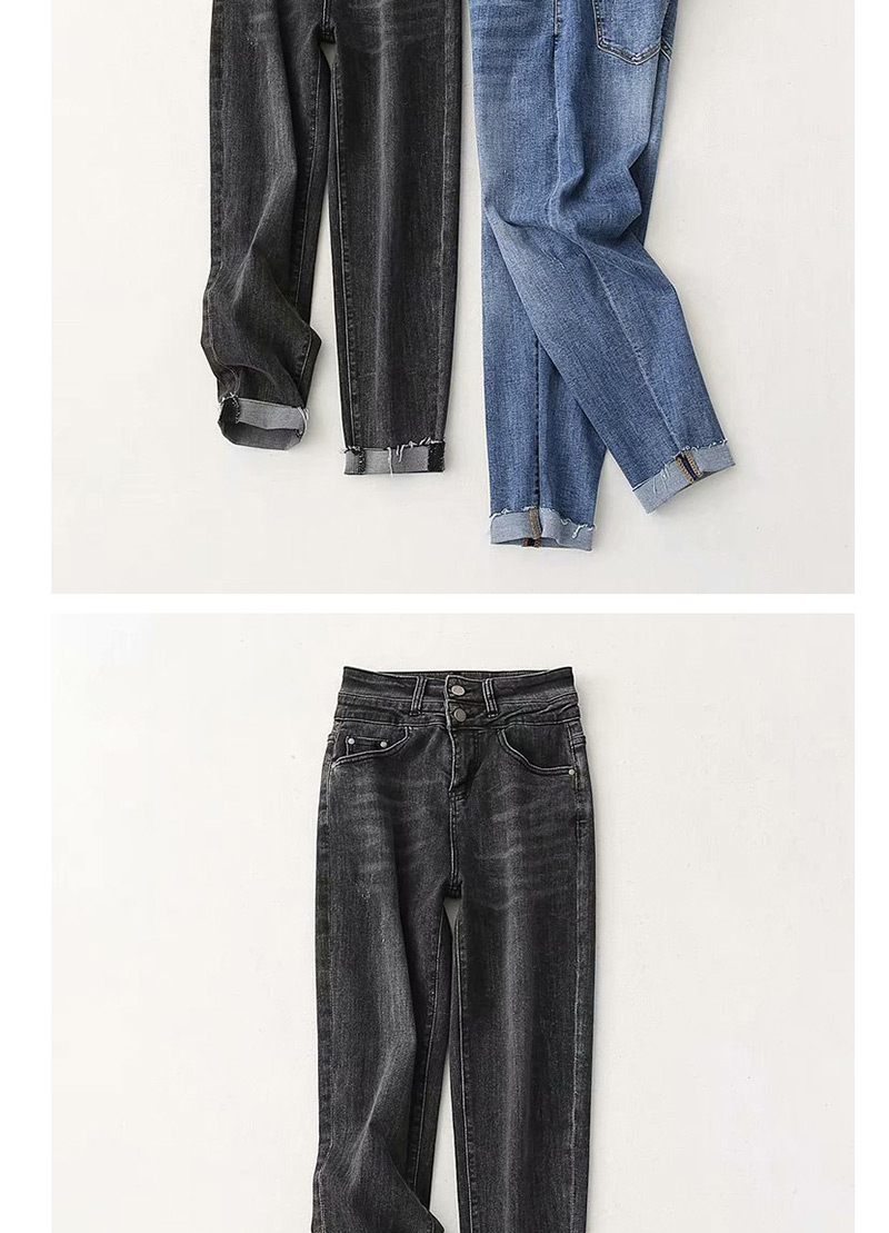 Fashion Gray High Waist Stretch Double Buckled Washed Raw Edge Radish Jeans,Pants