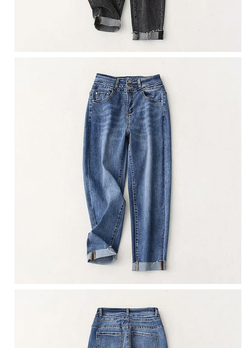 Fashion Blue High Waist Stretch Double Buckled Washed Raw Edge Radish Jeans,Pants