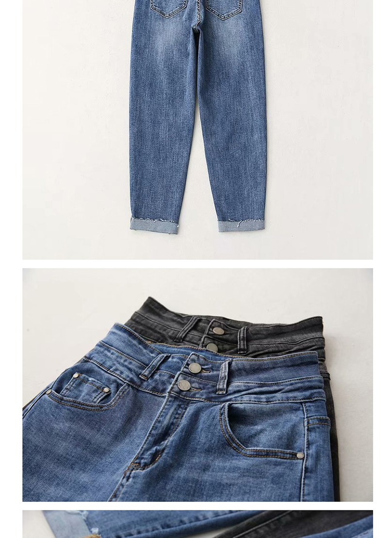 Fashion Blue High Waist Stretch Double Buckled Washed Raw Edge Radish Jeans,Pants