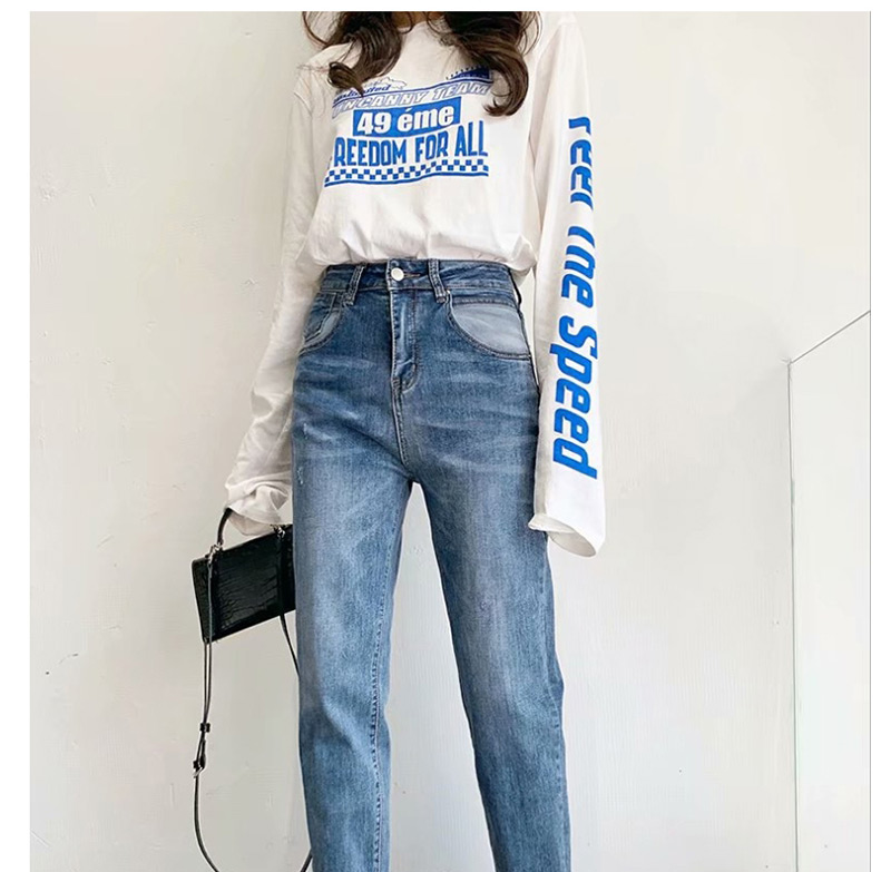 Fashion Denim Blue High-rise Stretch-milled White Pocket Turnip Jeans,One Pieces